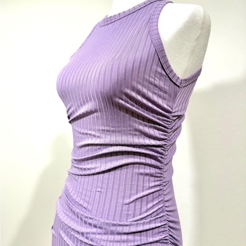 Lilac Ruched Bodycon Dress XS | Ribbed Lavender Sculpting Mini